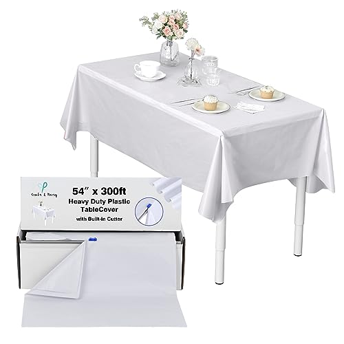 Craft And Party, 3X Thickness, 54 in x 300 feet Plastic Table Cover Roll for Party, 0.5Mil Banquet, Picnic, Kids Activities for Any Size and Shape Table (White, 54