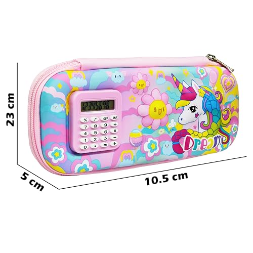 Image of VGRASSP Stationery Pencil Pouch for Kids with Mini Calculator - Unicorn Theme Zipper Case with Multi Storage Compartments - School Supplies Organizer - Multicolor