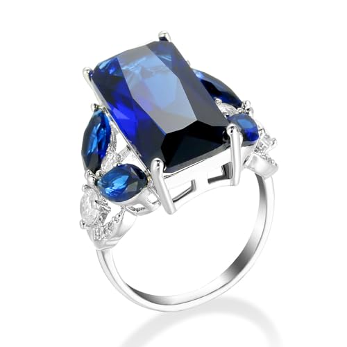 Silver Plated Sparkling Emerald Marquise Cut Created Blue Sapphire CZ Cubic Zirconia Filled Halo Wedding Engagement Flower Band Elegant Women's Ring for Mom Bridal Lover