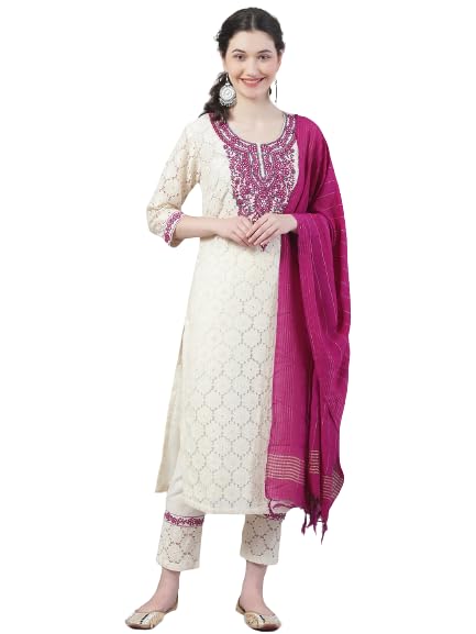 Trend MattersEmbroidered Thread Work Pure Cotton Kurta with Trousers & With Dupatta