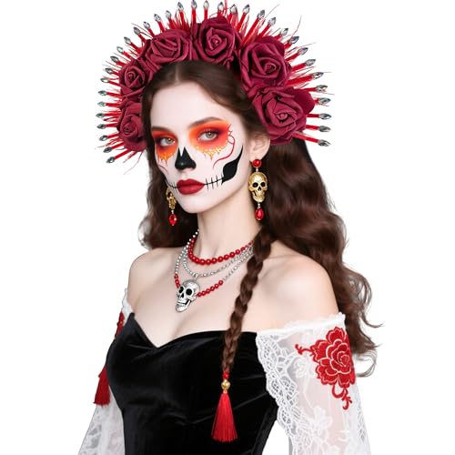 Couronne de fleurs mexicaine grand format avec roses artificielles pour costume Dia de Los Muertos