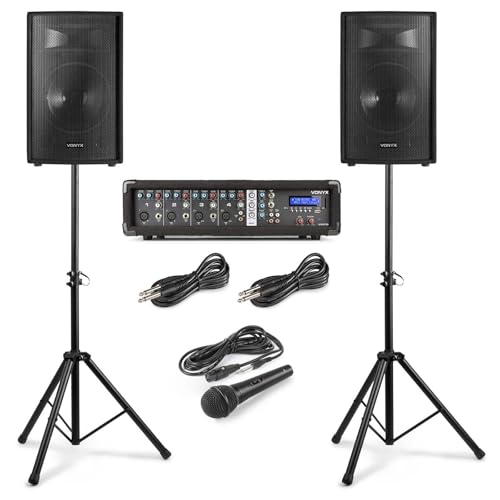 VONYX VX210 Système de Sonorisation Complet Bluetooth - 800 Watts, avec Trépieds Réglables, Table de Mixage Amplifiée, 2 Enceintes, Câbles, Microphone,...