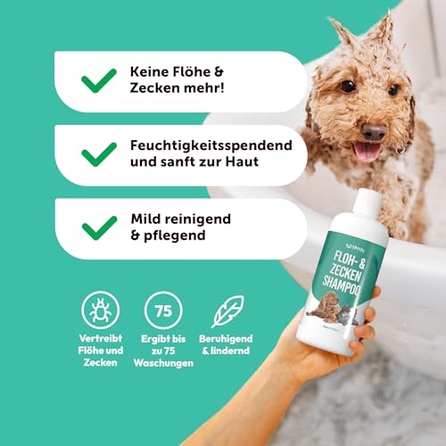 Petsly® Floh & Zeckenmittel für Hunde -500ml - Flohshampoo Hund & Zeckenschutz Hund & Katze, Flohmittel Hund mit Teebaumöl - Sensitives Hundeshampoo, Floh und Zeckenschutz für Hunde