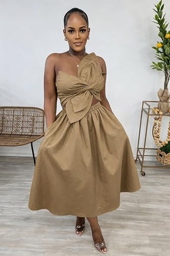 Image of YUEWOO Midi Dresses for Women Casual Summer Sundresses Vacation Outfits Spaghetti Strap Smocked Women Maxi Dress with Pockets