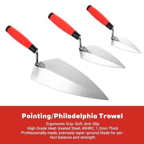 AOZUO 6 Pcs Masonry Hand Tool Set, Stainless Steel Concrete Tools Set - 11\" x 5-1/2\" Philadelphia, 2Pcs Pointing Trowel, 5\" x 2\" Margin, 1/2\" Tuck Pointing Trowel, 5/8” x 1/2” Convex Brick Jointer