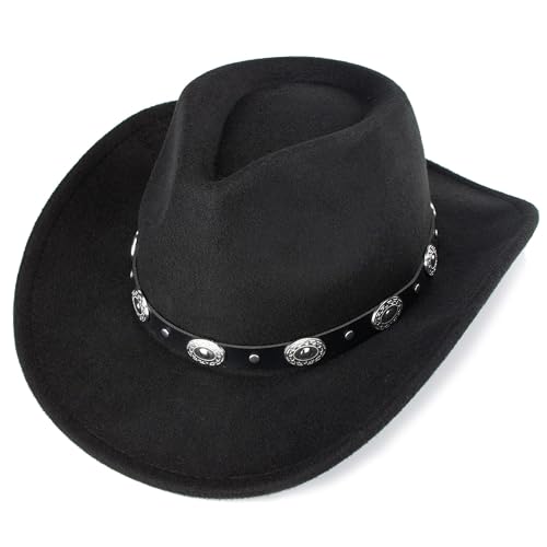 CXQRR Sombrero de vaquero en estilo occidental, fieltro de ala ancha, Fedora, sombrero de Panamá con diseño de hebilla de cinturón desmontable para hombres y mujeres, negro, Negro, 60