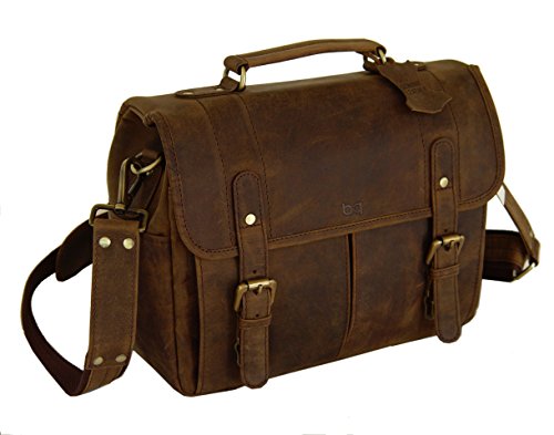 Vintage Rustic Look Leather Camera Messenger Bag by BASIC GEAR for DSLR/Mirrorless Sony, Canon, Nikon, Olympus, Pentax, Fuji - Fits Lenses and Accessories