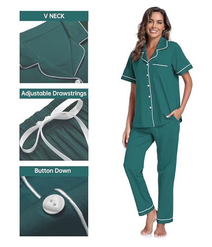 Image of CF Womens 100% Cotton Pajamas Set Button Down Pjs Sets Short Sleeve Top & Long Pants Sleepwear Comfy Loungewear with Pockets