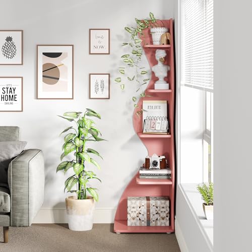 Image of Tribesigns Corner Shelf, Modern 5-Tier Wall Corner Bookshelf, Stylish Corner Small Bookcase Storage Rack Plant Stand with Unique Shape for Living Room, Home Office (Pink, 1PC)