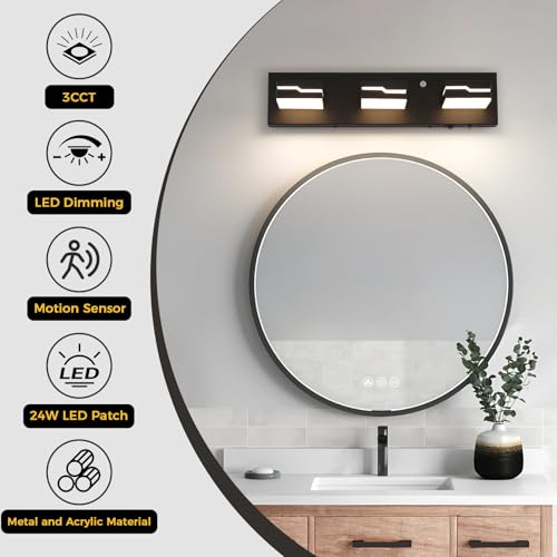 Image of 3-Light LED Bathroom Vanity Light, 19-Inch Matte Black | Vanity Light Fixture with Wireless Motion Sensor, 3CCT Dimmable Lighting Over Mirror, Adjustable Acrylic Heads