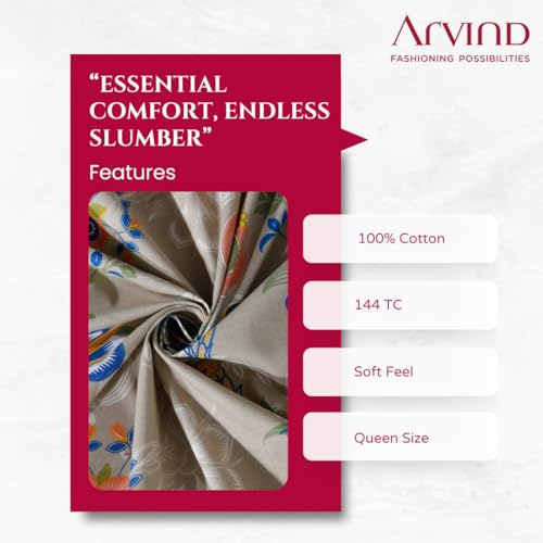 Image of Arvind Bedsheet Set - 100% Cotton Bedsheet for Double Bed (1 Queen Size Bedsheet with 2 Pillow Covers) Soft Breathable, 144 Thread Count - Slumber -Shade 10 (21031-B)