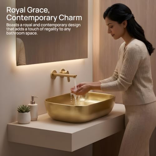 Image of VENICE Bathroom Vanity Sink Countertop Stylish & Durable Ceramic Tabletop Wash Basin Rectangular Vessel Bowl Metallic Golden Glossy Finish