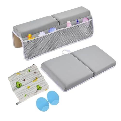 Image of Comfortable Baby Bath Kneeler and Elbow Rest Pad Set for Baby Bathing Parents - Painless Foam Mat with Toy Organizer Pockets - Quick Drying, Foldable, Non-Slip for Baby and Toddler Bathing