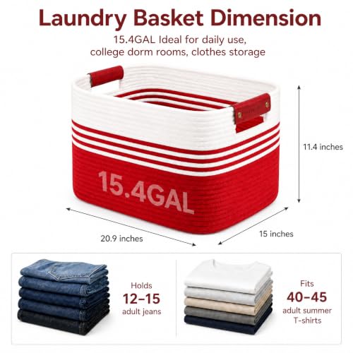 Image of 15.4GAL Rope Laundry Basket for Dorm, Cute Boho Square Woven Basket for Living Room Throws Pillow Blanket Storage, Short Dirty Clothes Hamper for Baby Girls Boys Toys Stuffed Animal Towel White Red