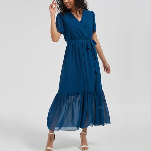 Image of Women's Summer Bohemian Floral Chiffon Dress Cap Sleeve V Neck Ruffle Long Flowy Boho Casual Vacation Dresses