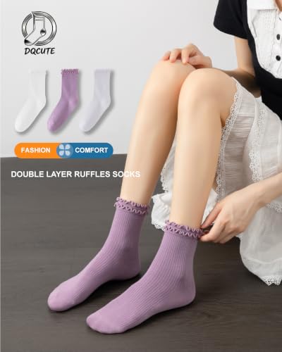 Image of DQCUTE Women's Ruffled Ankle Boot Socks - Soft Knit Cotton Lettuce Trim Crew Socks for Teen Women 6 Pairs