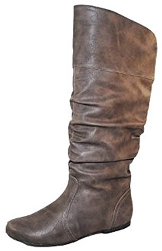 Qupid Women's Neo144 Leatherette Basic Slouchy Knee High Flat Boot,Grey Pu,9