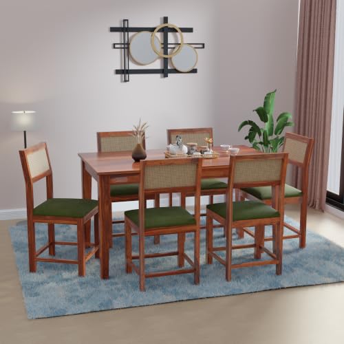 Image of DRIFTINGWOOD Amber Solid Sheesham Wood 6 Seater Dining Table Set with Rattan Back Chairs | Green Velvet Cushioned Seating for Home & Dining Room (Honey Finish, DIY)