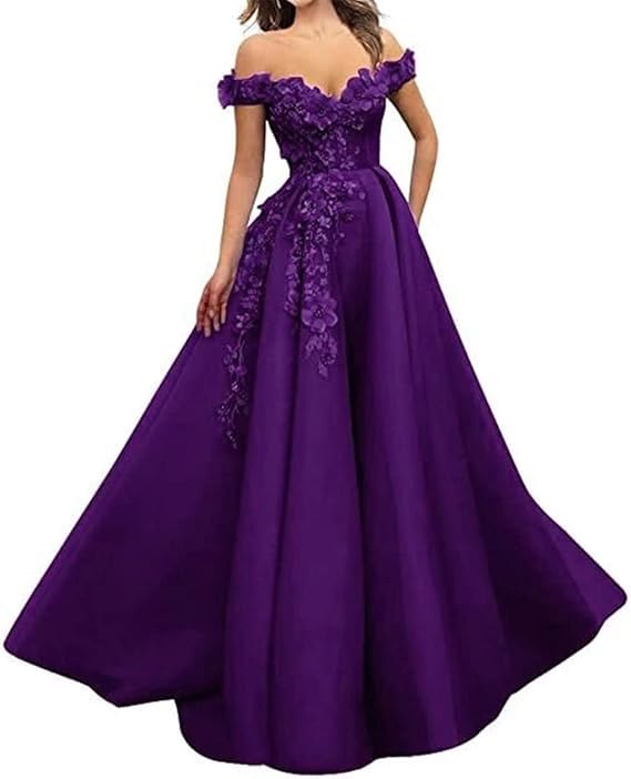 Générique Robes de Bal en Tulle Robe Longue brodée à épaules dénudées Robes de soirée Formelles ornées de Fleurs en 3D Pourpre L