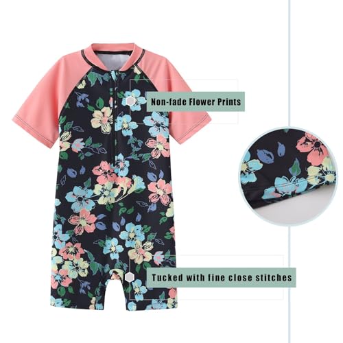 Image of Girls Rash Guard Swimsuits One Piece Bathing Suits for Girls UPF 50+ Sun Protection Short Sleeve Sunsuits Zipper