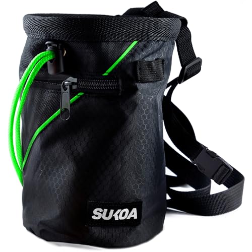 Sukoa Chalk Bag for Rock Climbing - Bouldering Chalk Bag Bucket with Quick-Clip Belt and 2 Large Zippered Pockets - Rock Climbing Gear Equipment (Green)