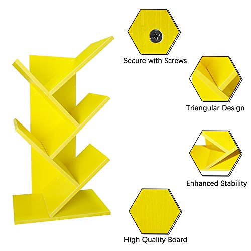 Qumeney Tree Bookshelf, 5 Shelf Display Bookcase,Tree Bookcase For Books/Cds/Albums/Files Holder, Free Standing Book Shelves Organizer For Office，Bedroom, Living Room (Yellow) #TOP3
