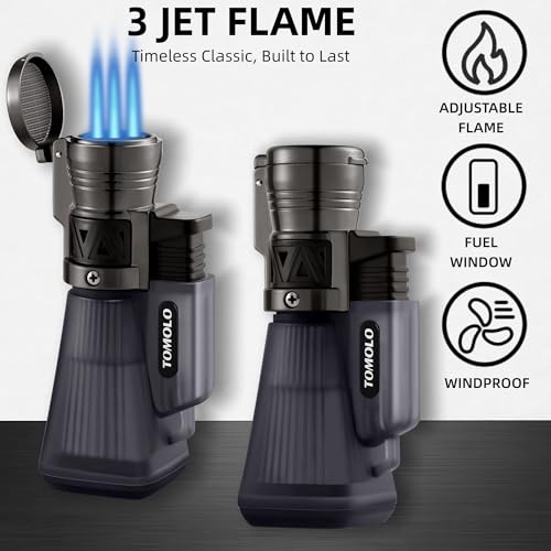Torch Lighter 2 Pack + Refillable Butane Lighter for Men & Outdoor Activities + Adjustable Windproof Flame + 3 Jet Torch 