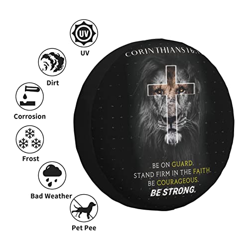 Image of Christian Aesthetic Prayer Spare Tire Cover for Dust-Proof Purpose Thin Light-Weight Polyester Fabric Universal Fit Tire Dust Covers with Bible Verse Scripture Corinthians 16:13-17 inch