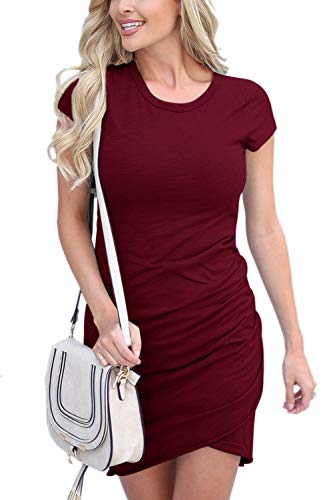 Yacun Women T Shirt Dresses Causal Sheath Ruched Stretchy Bodycon Short Mini Dress Wine L