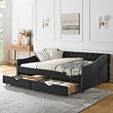 Flieks Linen Upholstered Full Daybed with Two Storage Drawers, Full Size Button Tufted Sofa Bed Daybed with Nailhead Trim and Wood Slat Support (Black)