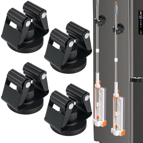 Haikole 4PCS Magnetic Broom Mop Holder Wall Mount No Drill Tool Organizer With Anti-Slip Rollers for Garage Kitchen RV Home Laundry Workshop Anti-Rust Clips No Damage Installation (Black 4pcs)