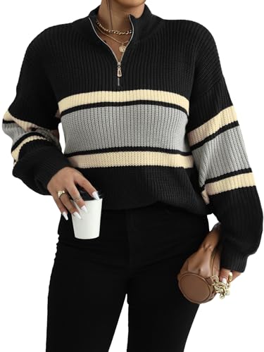 Floerns Women's Plus Size Color Block Half Zip Long Sleeve Pullover Top Sweater