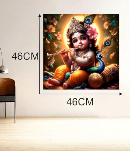 Image of Techgifti Baby Krishna Feather Back Side Sun Peacock Wall Poster for Pooja Room, Office, Kids Room (Size- 46CM X 46CM)