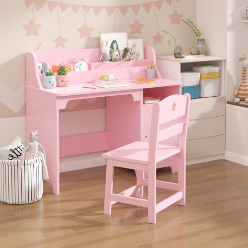 Garvee Kinder Schreibtisch mit Stuhl, MDF Lernschreibtisch Set für Kinder, Stabiler Kinderschreibtisch in Rosa, Schreib- & Maltisch für Kinderzimmer, Spiel- und Lernmöbel