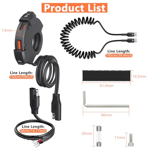 Giantdeer 48W Wasserdichtes Motorrad USB C Steckdose, Moto Telefon Ladegerät, QC3.0 USB-A und USB C 12V Motorrad Steckdose+ 5A Typ C Ladekabel（1M）für DC 12V/24V Moto/Boot/Beachbikes