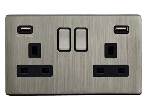 Gloss Brush Chrome USB Double Wall Plug Socket 2 Gang 13A with 2 USB Charger Port Outlets Socket Plate N776DME