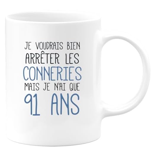 Taza de cumpleaños de 91 años, divertida y divertida, cerámica, color blanco