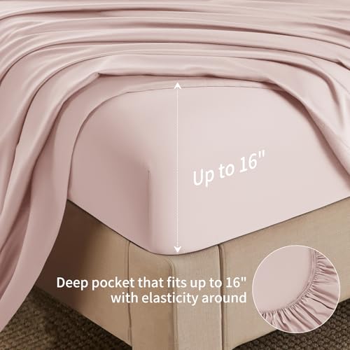 Image of Shilucheng 6 Piece Queen Sheet Sets, Cooling Sheets, Blend Rayon Derived from Bamboo, Deep Pocket Up to 16 inch, Breathable & Soft Bed Sheets, Hotel Silky Bedding Set, Light Pink
