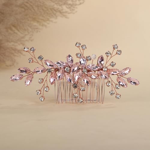 Teyglen Flower Crystal Wedding Hair Comb Handmade Pink Rhinestone Hair Piece for Bride Wedding Hair Accessories Headpiece for Women Party Prom (Pink)