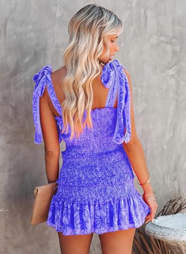 Image of yoeasy Women Spaghetti Floral Print Tiered Tie Slim Fit Short Dresses Summer Sleeveless Ruffle Smocked Mini Dress