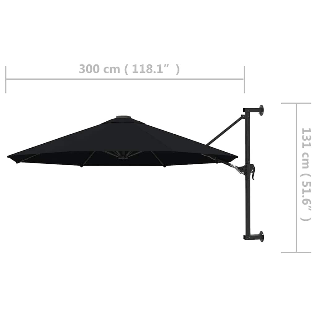 Sombrilla de Pared con Palo de Metal Negro 300 cm,Artículos de Exterior,Sombrillas,9.75kg-47300