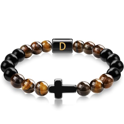 RFM4S Birthday Gifts for Men Husband Son Dad Grandpa, Cross Bracelet D Initial Bracelet Tigers Eye Oynx Bracelet Man Natural Stone Beads Groomsme Religious Christian First Communion Fathers Day Gifts