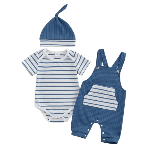 Newborn Baby Boy Summer Clothes Stripe Short Sleeve Romper Suspender Pants Hat 3Pcs Set Cute Coming Home Outfit