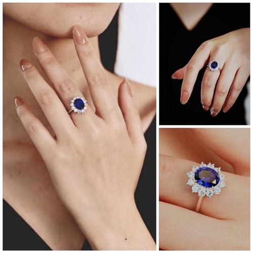 Princess Diana Ring, 3.7ct Lab-Grown Blue Sapphire Rings for Women, Halo Ring in 18K White Gold Plated Sterling Silver, Sapphire Engagement Rings for Women, Anniversary Birthday Gift for Her3