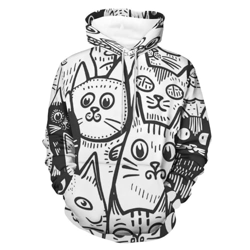 Sweat à capuche chat noir gribouillage pour homme et femme, hoodie noir en taille S