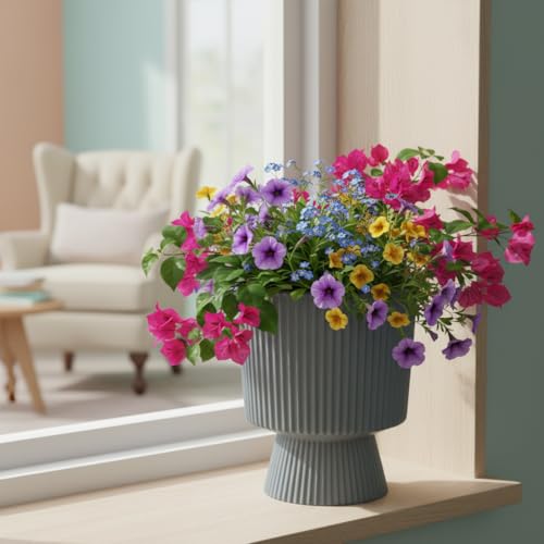 Image of Xtore Striking Pedestal Ceramic Planter Pot for Indoor Plants | Elevated Ribbed Flower Pot for Home, Office Desk & Balcony Decor (Matte Grey - Planter only)