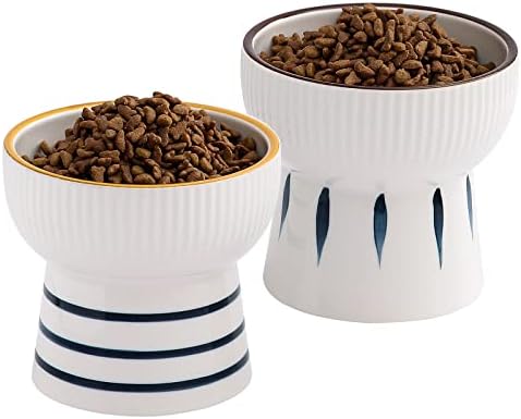 2 Pack Ceramic Raised Cat Food Bowls,15 Ounces Porcelain Elevated Water Bowl, Porcelain Stress Free Backflow Prevention Feeding Pet Dish for Cats and Small Dogs, Dishwasher and Microwave Safe