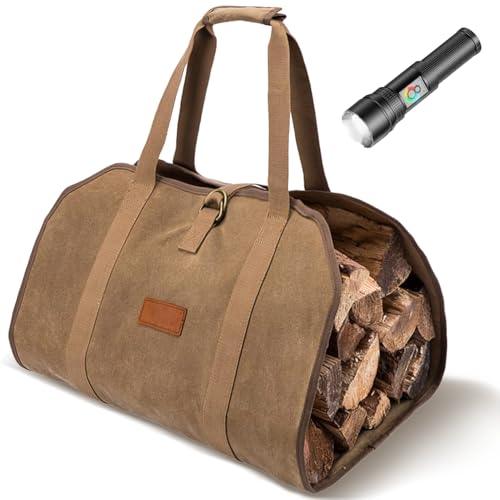 Geisofu Firewood Carrier with Flashlight, Waxed Canvas Bag, Heavy Duty