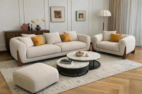 Image of Upholstered 3 Seater Sofa Three Seater Sofa with Wooden Legs for Living Room Hotels & Offices (3+1+Puffy Boucle Beige)