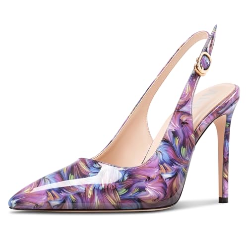 Aisicoo Womens Stiletto High Heel Pointed Toe Pumps Slingback Buckle Wedding Prom Party Dress Patent Leather Summer 3.9 Inches Heels2